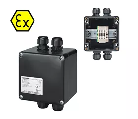 ATEX-Klemmenkasten IP66, 4 WDU-Durchgangsklemmen + 1 WPE-Schutzleiterklemme, 4 mm²