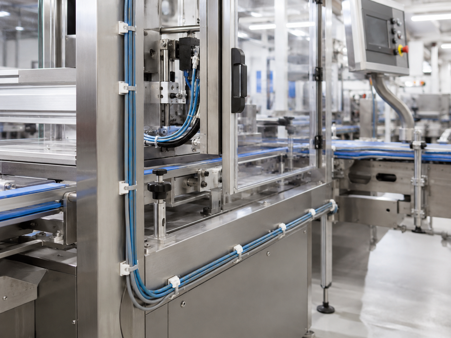 Verpackungsmaschine mit Kabeln an Kabelbinderhaltern