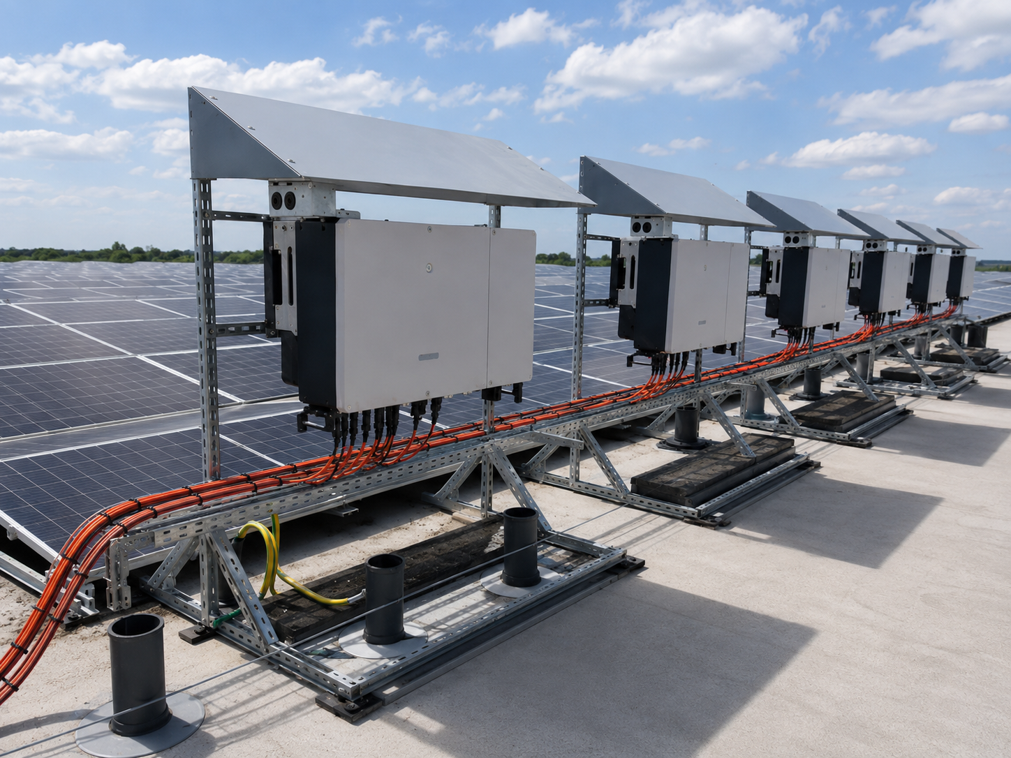PV-Shelter auf Flachdach mit Kabeltrasse und gebündelten Leitungen
